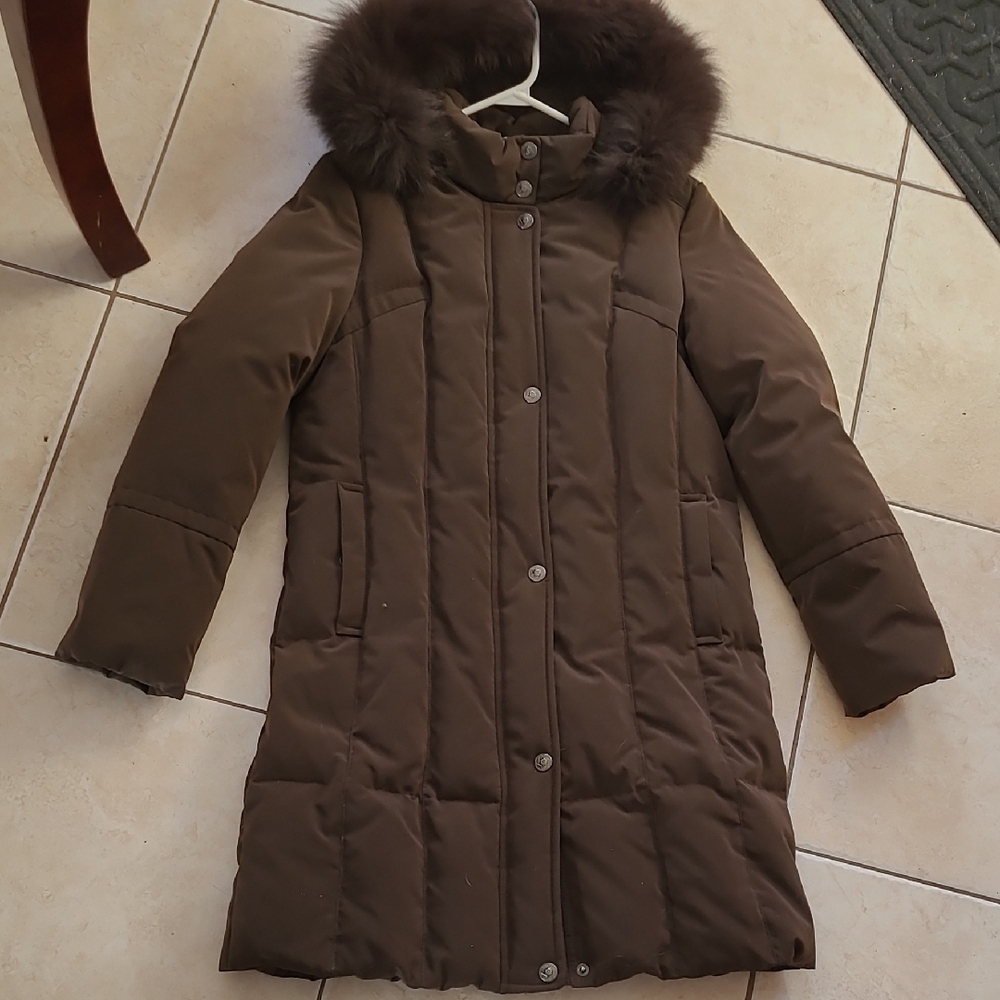Like new Utex long jacket real fur Women's Brown Hooded Coat Size S